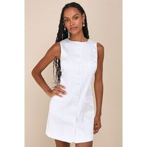 Lulus Sophisticated Icon White Satin Button-up Mini Dress With Pockets - Size XS